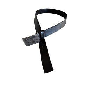 True Religion Black Vegan Leather Belt Engraved Silver Buckle Size 38 Adjustable